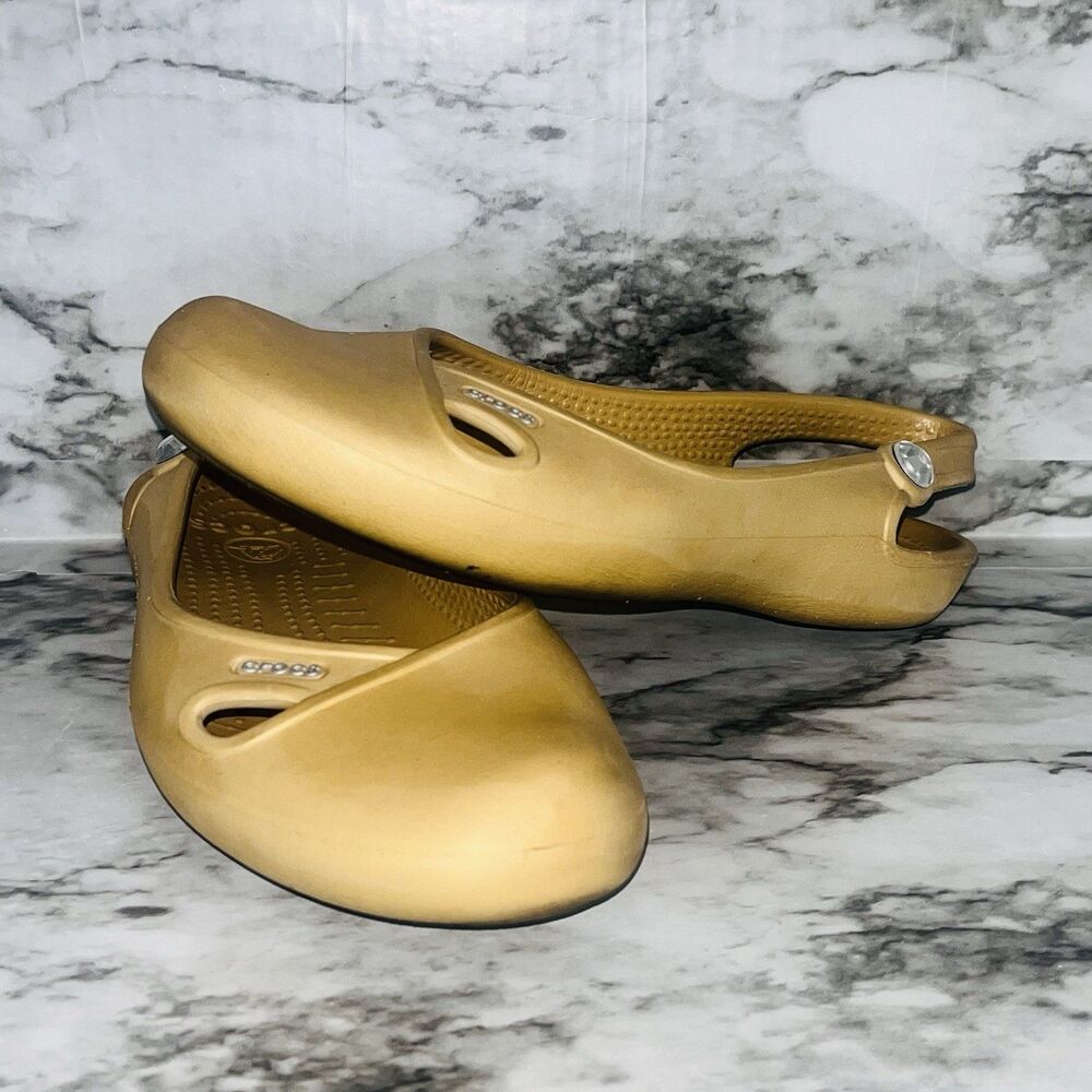 Crocs Olivia Gold Slingback Flats Women Size 6 Jeweled Comfort Shoes Beach